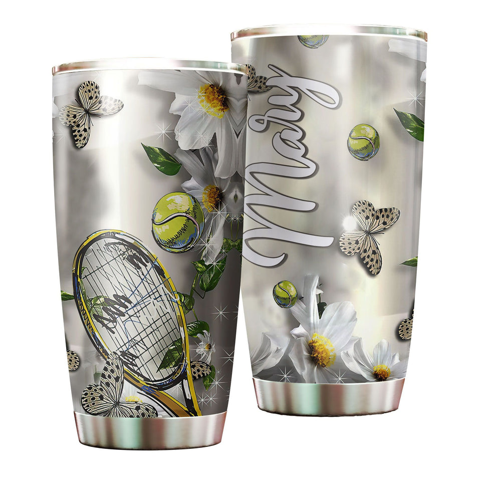 Camellia Personalized Tennis Racket And Ball Butterfly Daisy Graphics Stainless Steel Tumbler - Double-Walled Insulation Sporty Thermal Cup With Lid Gift For Tennis Player Women