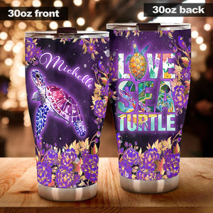 Camellia Personalized Purple Love Sea Turtle Stainless Steel Tumbler - Double-Walled Insulation Travel Thermal Cup With Lid Gift For Scuba Diver Surfing