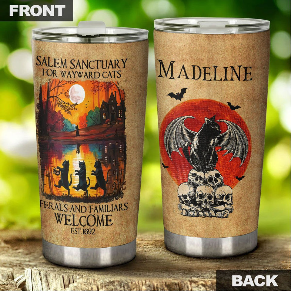 Camellia Personalized Salem Sanctuary For Wayward Cats Black Cat Skull Blood Moon Stainless Steel Tumbler - Double-Walled Insulation Travel Thermal Cup With Lid Gift For Halloween