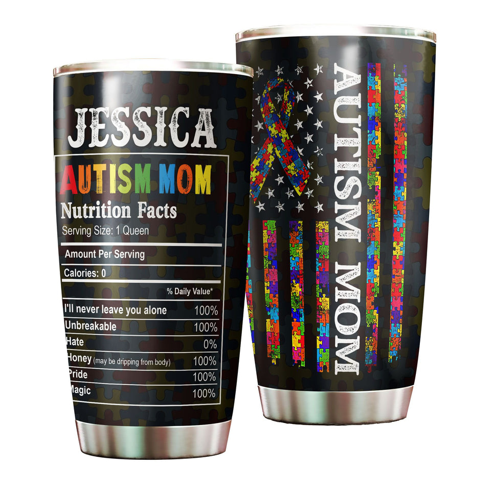 Camellia Personalized Autism Mom Nutrition Facts Pieces Ribbon Stainless Steel Tumbler - Double-Walled Insulation Travel Thermal Cup With Lid Gift For Autism Awareness Month