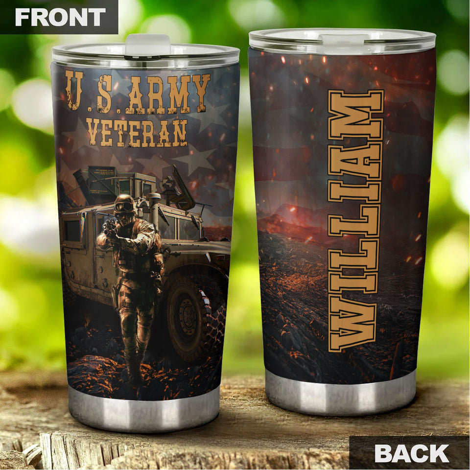 Camellia Personalized 3D American Army Veteran Stainless Steel Tumbler - Customized Double-Walled Insulation Therma Cup With Lid