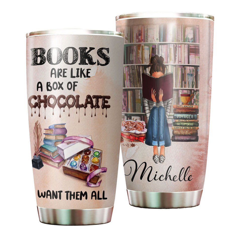 Camellia Personalized Books Chocolate Want Them All Girl Stainless Steel Tumbler - Double-Walled Insulation Travel Thermal Cup With Lid Gift For Nerd Book Sweet Lover Girl
