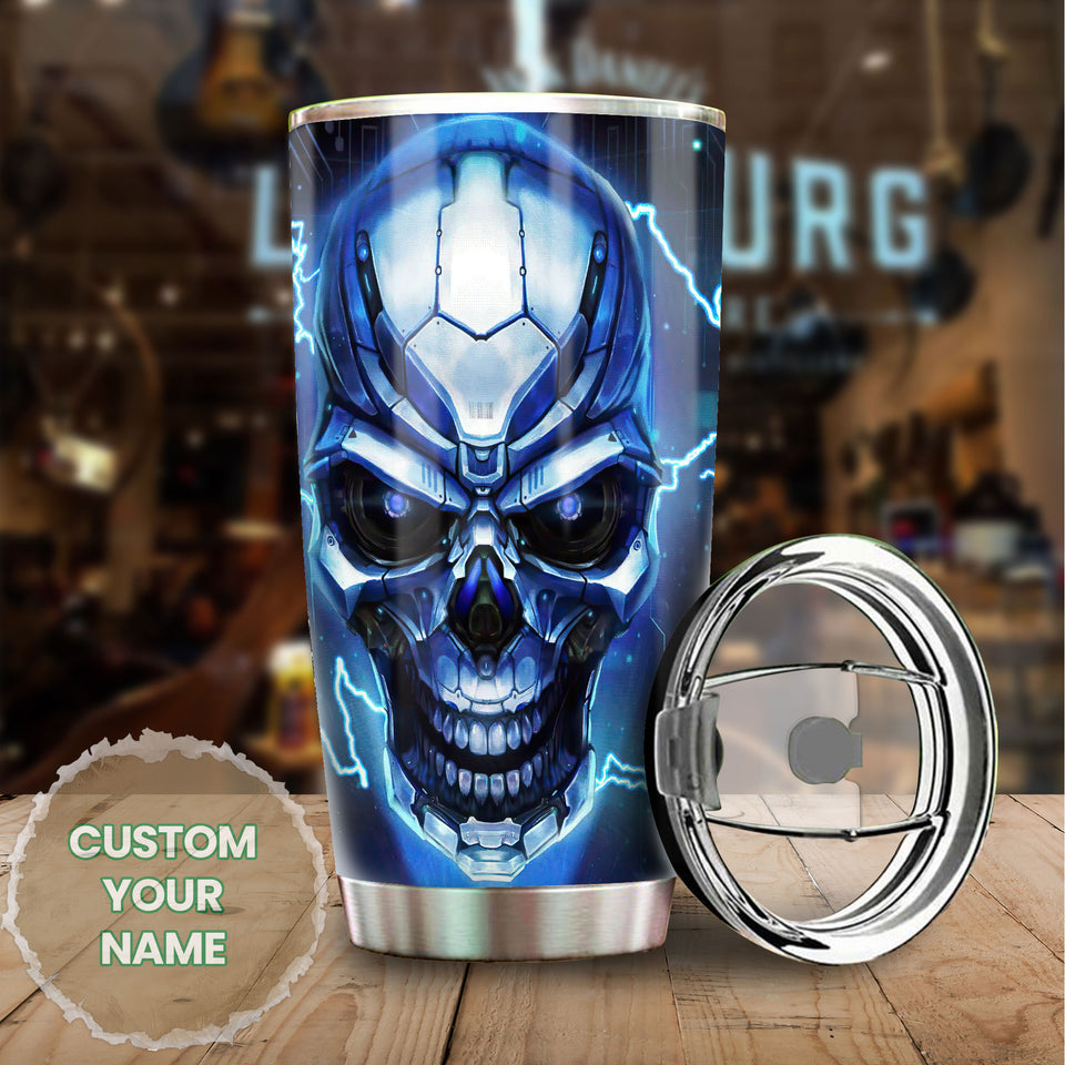 Camellia Personalized Cyborg Skull Skeleton Graphics Stainless Steel Tumbler - Double-Walled Insulation Travel Thermal Cup With Lid Gift For Skull Lover Trucker Biker Men