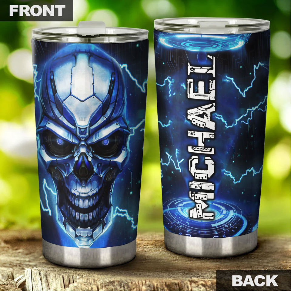 Camellia Personalized Cyborg Skull Skeleton Graphics Stainless Steel Tumbler - Double-Walled Insulation Travel Thermal Cup With Lid Gift For Skull Lover Trucker Biker Men