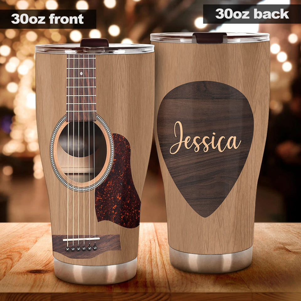Camellia Personalized 3D Arcoustic Guitar Stainless Steel Tumbler - Customized Double-Walled Insulation Therma Cup With Lid Gift For Guitarist Musician