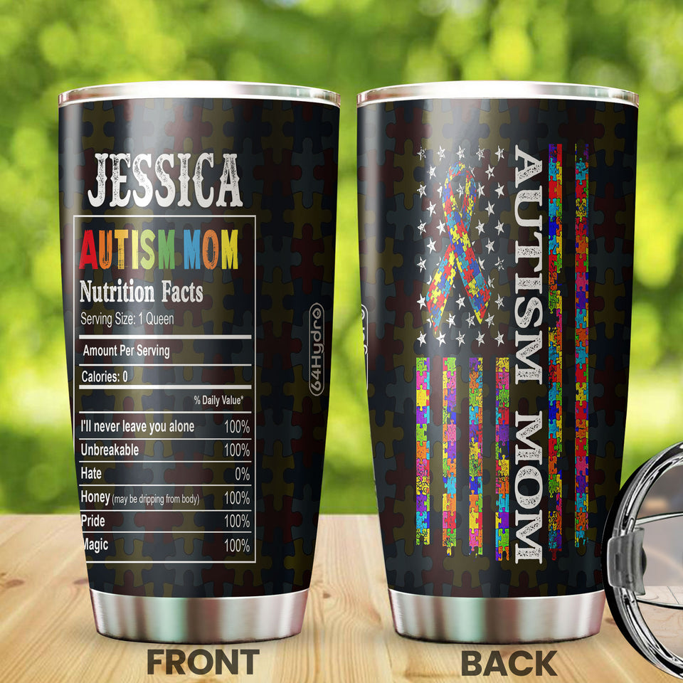 Camellia Personalized Autism Mom Nutrition Facts Pieces Ribbon Stainless Steel Tumbler - Double-Walled Insulation Travel Thermal Cup With Lid Gift For Autism Awareness Month