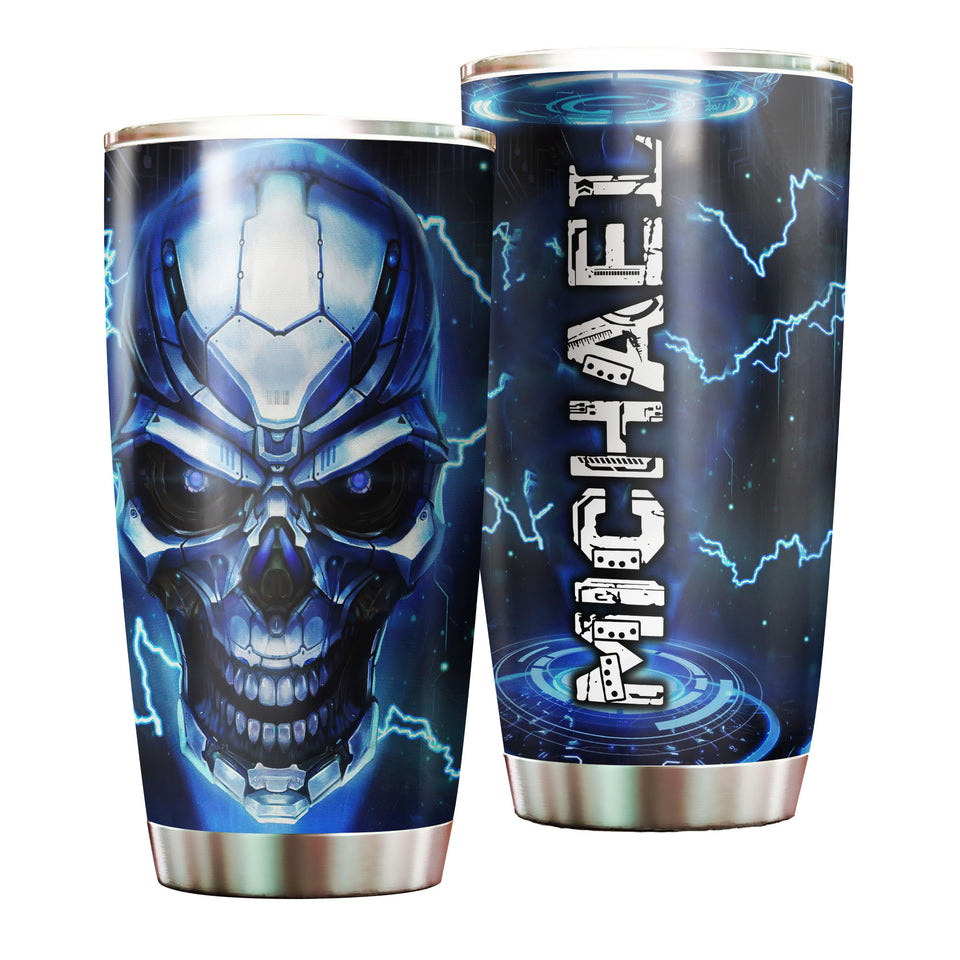 Camellia Personalized Cyborg Skull Skeleton Graphics Stainless Steel Tumbler - Double-Walled Insulation Travel Thermal Cup With Lid Gift For Skull Lover Trucker Biker Men