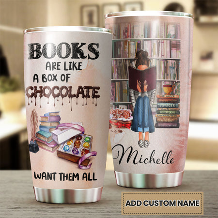 Camellia Personalized Books Chocolate Want Them All Girl Stainless Steel Tumbler - Double-Walled Insulation Travel Thermal Cup With Lid Gift For Nerd Book Sweet Lover Girl