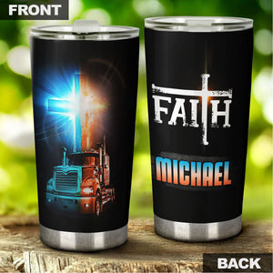 Camellia Personalized Metal Truck Trucker Faith Graphics Stainless Steel Tumbler - Double-Walled Insulation Travel Thermal Cup With Lid Gift For Faith Believer Trucker Men