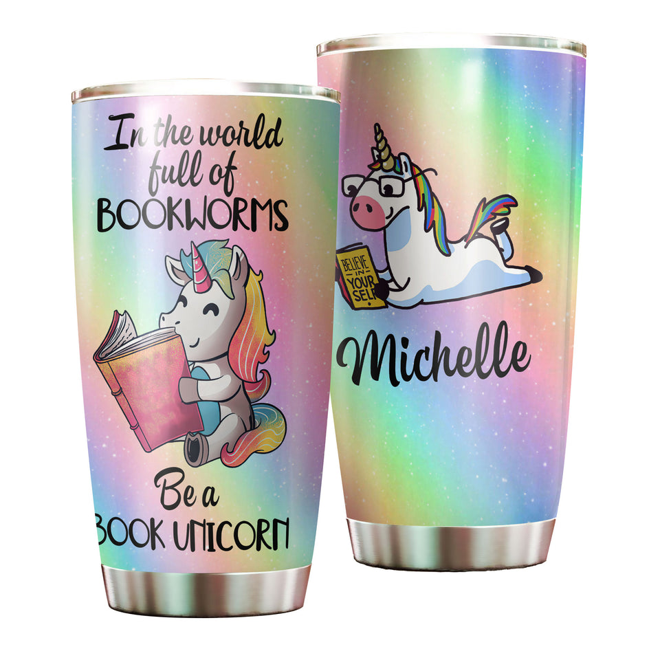 Camellia Personalized Bookworms Be A Book Unicorn Rainbow Color Stainless Steel Tumbler - Double-Walled Insulation Thermal Cup With Lid Gift For Kids Nerd Reader