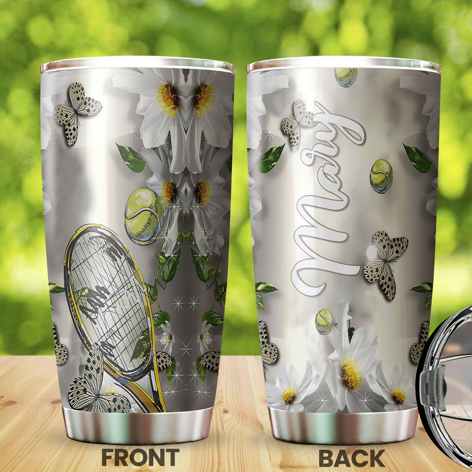 Camellia Personalized Tennis Racket And Ball Butterfly Daisy Graphics Stainless Steel Tumbler - Double-Walled Insulation Sporty Thermal Cup With Lid Gift For Tennis Player Women