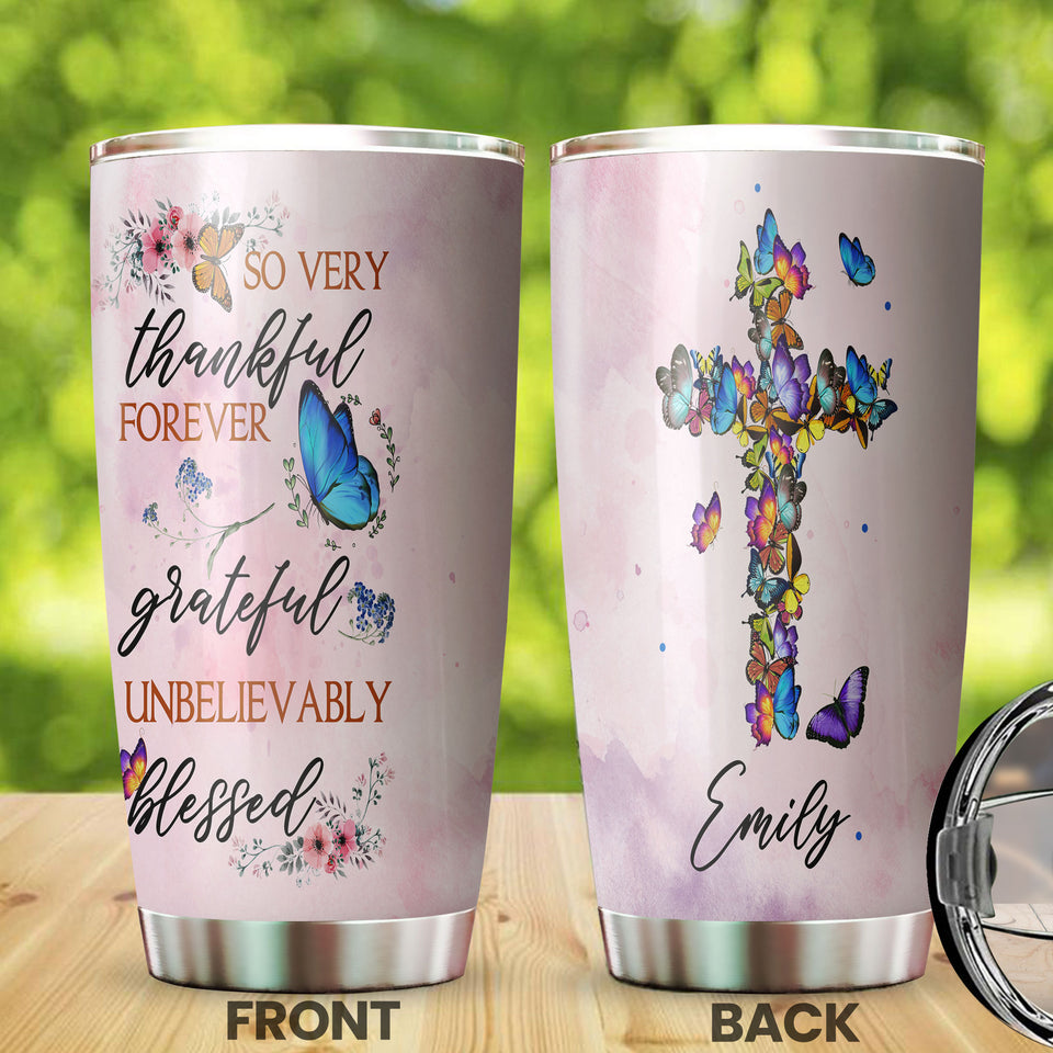 Camellia Personalized Butterfly Thankful Forever Unbelievably Blessed Stainless Steel Tumbler - Double-Walled Insulation Thermal Cup With For Memorable Day