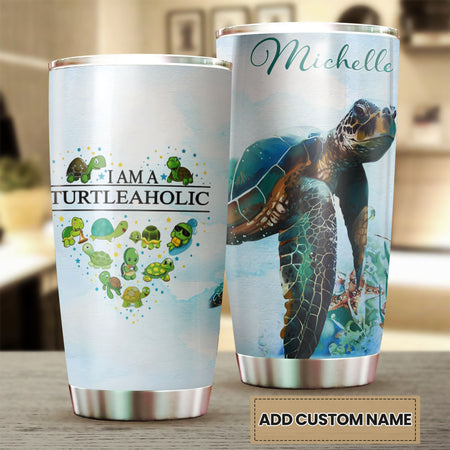 Camellia Personalized Sea Turtle I Am A Turtleaholic Graphics Stainless Steel Tumbler - Double-Walled Insulation Travel Thermal Cup With Lid Gift For Turtle Sea Lover