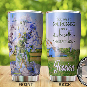 Camellia Personalized Farming Daisy Dragonfly Everyday Is A New Beginning Stainless Steel Tumbler - Double-Walled Insulation Travel Thermal Cup With Lid Gift For Nature Lover
