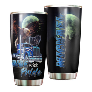 Camellia Personalized Metal Truck Ride With Pride Eagle Wolf Graphics Stainless Steel Tumbler - Double-Walled Insulation Travel Thermal Cup With Lid Gift For Trucker Men