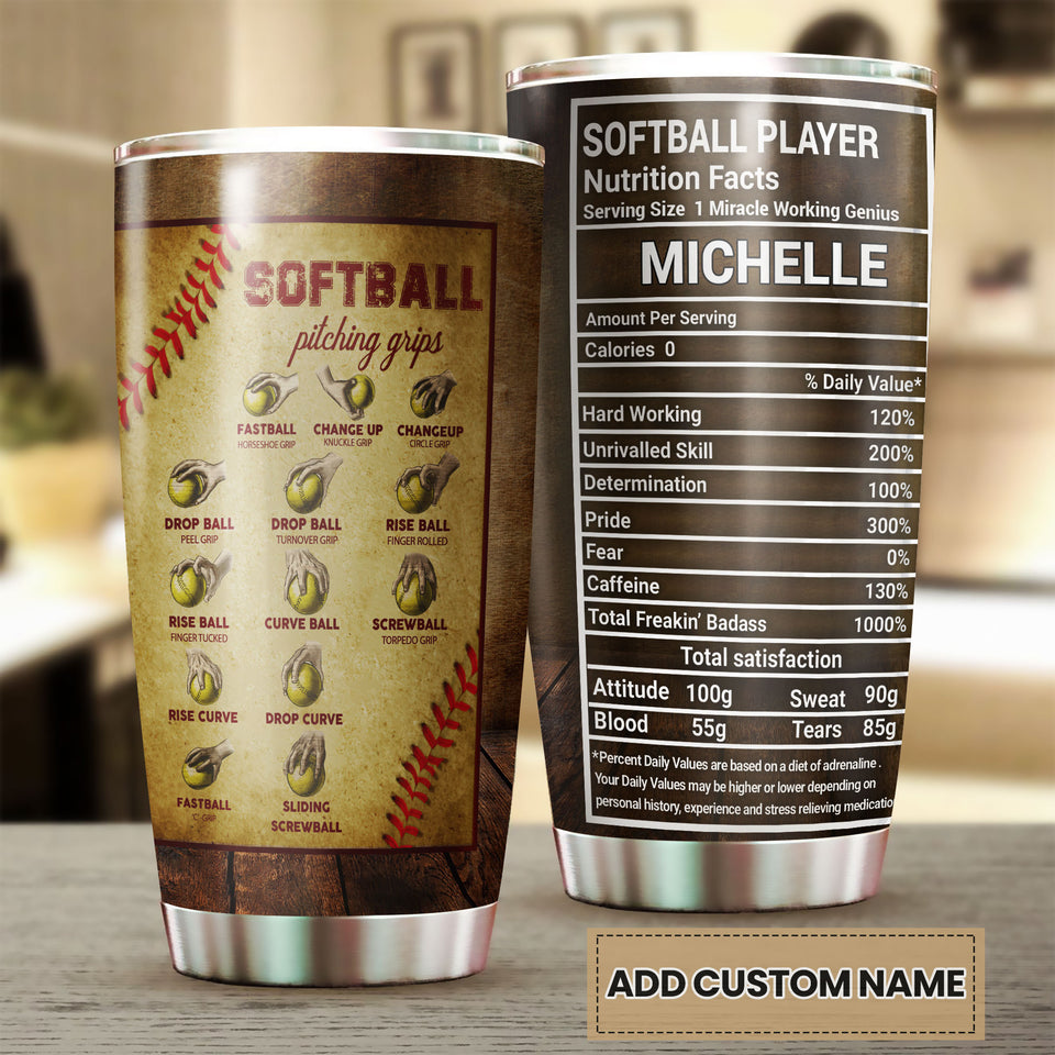Camellia Personalized Softball Pitching Grips Knowledge Stainless Steel Tumbler - Double-Walled Insulation Sporty Thermal Cup With Lid Gift For Sport Lover Softball Player