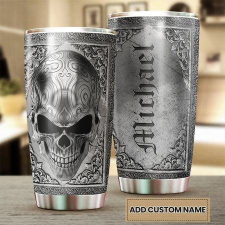 Camellia Personalized Steel Skull Skeleton Metal Style Graphics Stainless Steel Tumbler - Double-Walled Insulation Travel Thermal Cup With Lid Gift For Men Biking Trucker