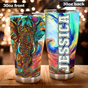 Camellia Personalized 3D Colorful Hippie Elephant Stainless Steel Tumbler - Customized Double-Walled Insulation Therma Cup With Lid