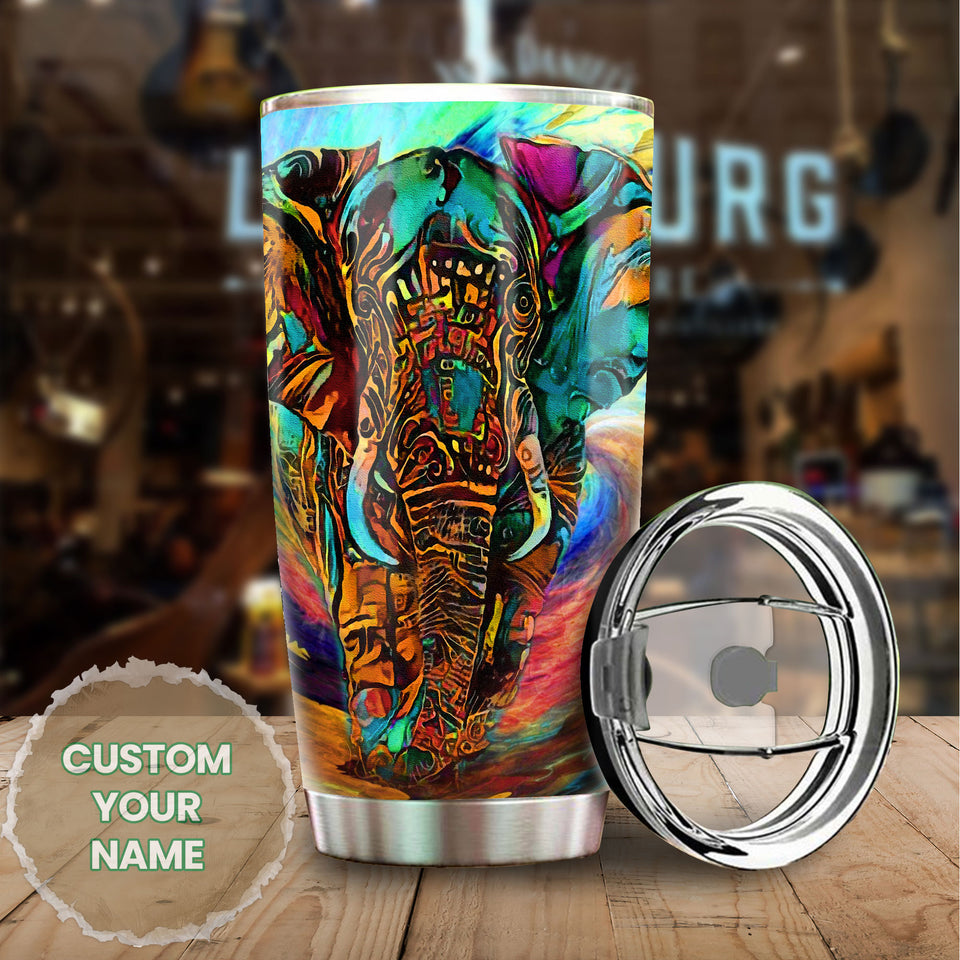 Camellia Personalized 3D Colorful Hippie Elephant Stainless Steel Tumbler - Customized Double-Walled Insulation Therma Cup With Lid