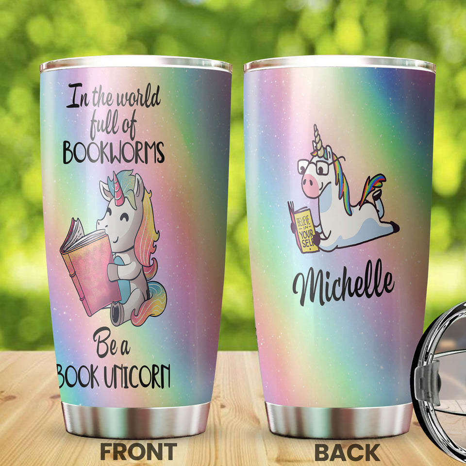 Camellia Personalized Bookworms Be A Book Unicorn Rainbow Color Stainless Steel Tumbler - Double-Walled Insulation Thermal Cup With Lid Gift For Kids Nerd Reader