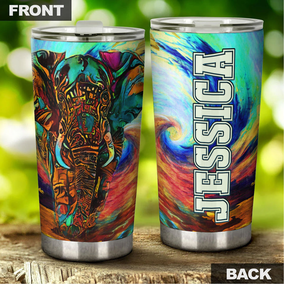 Camellia Personalized 3D Colorful Hippie Elephant Stainless Steel Tumbler - Customized Double-Walled Insulation Therma Cup With Lid