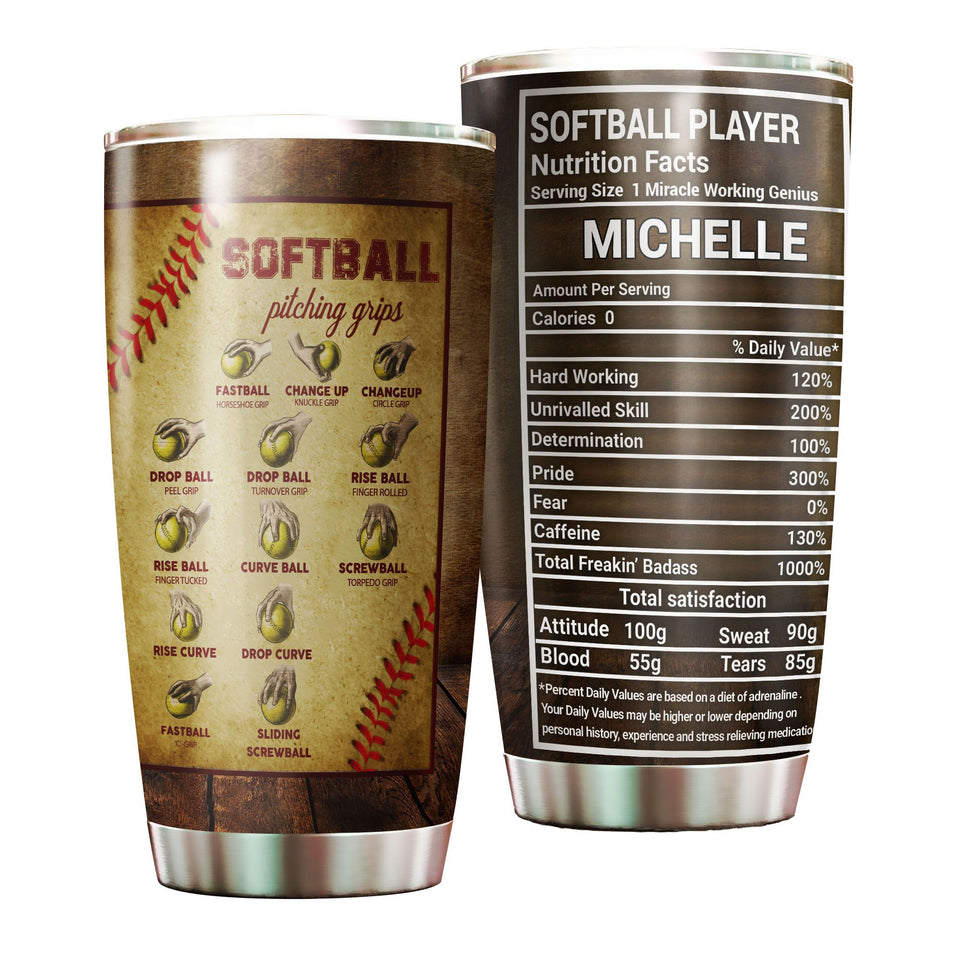 Camellia Personalized Softball Pitching Grips Knowledge Stainless Steel Tumbler - Double-Walled Insulation Sporty Thermal Cup With Lid Gift For Sport Lover Softball Player