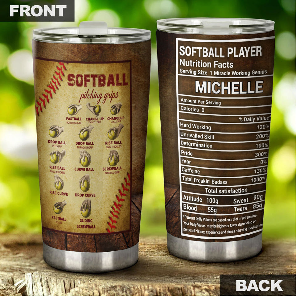 Camellia Personalized Softball Pitching Grips Knowledge Stainless Steel Tumbler - Double-Walled Insulation Sporty Thermal Cup With Lid Gift For Sport Lover Softball Player