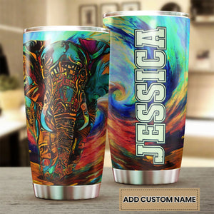 Camellia Personalized 3D Colorful Hippie Elephant Stainless Steel Tumbler - Customized Double-Walled Insulation Therma Cup With Lid