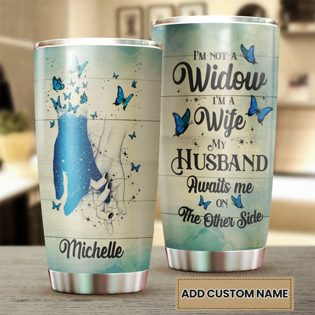 Camellia Personalized Widow Holding Hands My Husband Awaits Me Missing QUotes Stainless Steel Tumbler - Double-Walled Insulation Thermal Cup With Lid Gift For Memorial Day