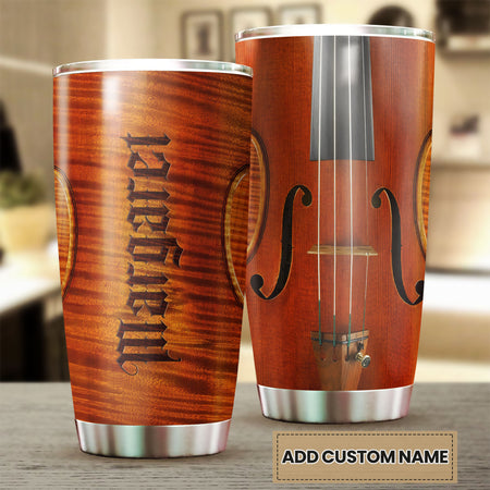 Camellia Personalized Violin String Wooden Style Graphics Stainless Steel Tumbler - Double-Walled Insulation Travel Thermal Cup With Lid Gift For Violinist Guitarist Musician