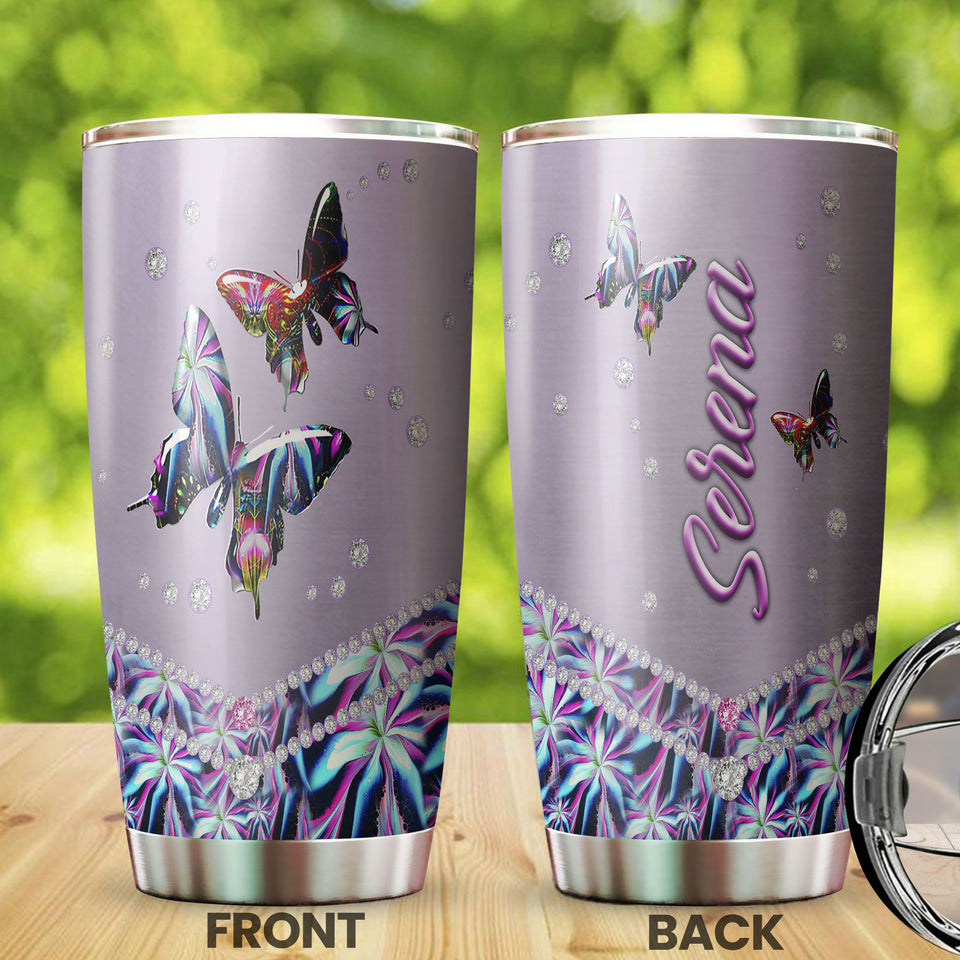 Camellia Personalized 3D Colorful Diamond Butterfly Stainless Steel Tumbler - Customized Double-Walled Insulation Therma Cup With Lid