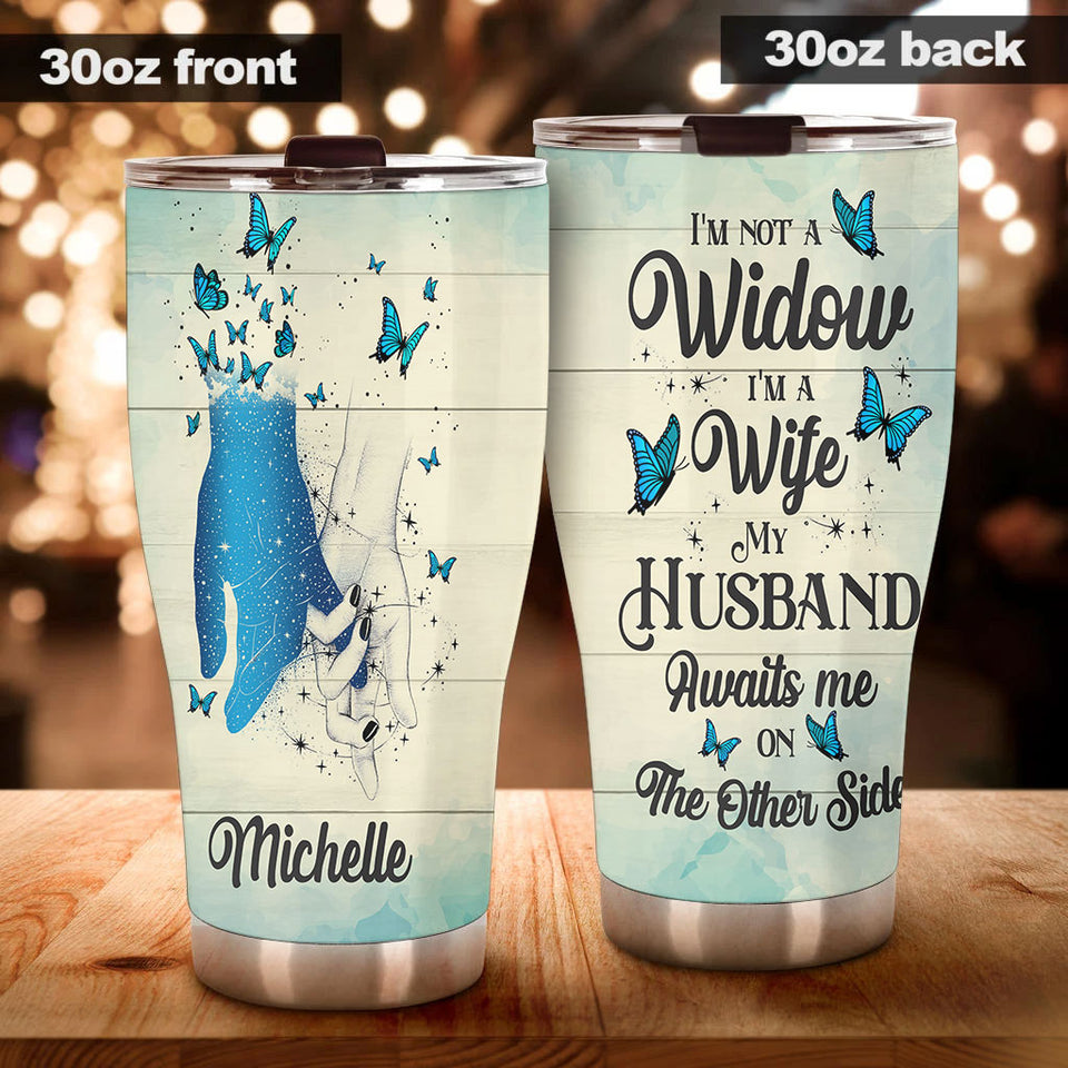 Camellia Personalized Widow Holding Hands My Husband Awaits Me Missing QUotes Stainless Steel Tumbler - Double-Walled Insulation Thermal Cup With Lid Gift For Memorial Day