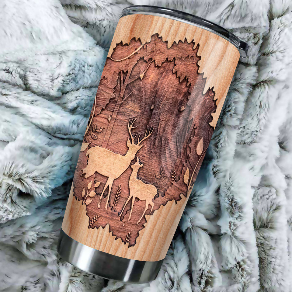 Camellia Personalized Deer Couple Forest Wooden Style Stainless Steel Tumbler - Double-Walled Insulation Travel Thermal Cup With Lid Gift For Valentines Day Couple