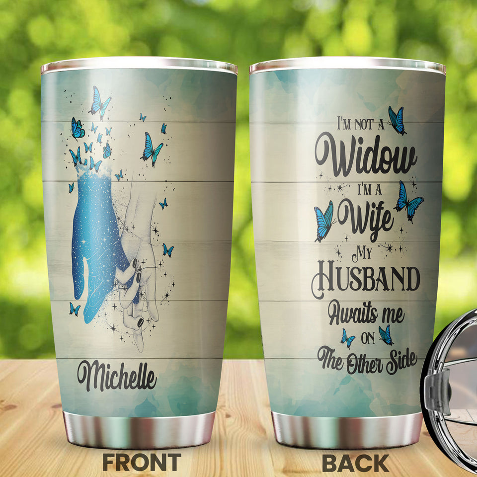 Camellia Personalized Widow Holding Hands My Husband Awaits Me Missing QUotes Stainless Steel Tumbler - Double-Walled Insulation Thermal Cup With Lid Gift For Memorial Day
