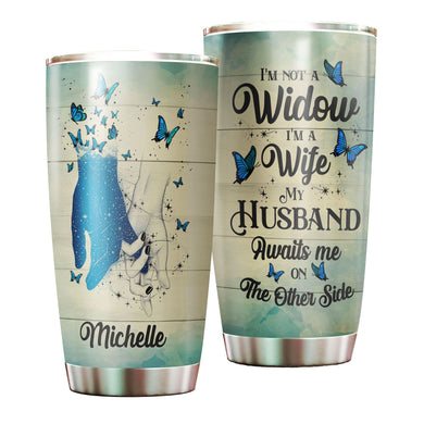 Camellia Personalized Widow Holding Hands My Husband Awaits Me Missing QUotes Stainless Steel Tumbler - Double-Walled Insulation Thermal Cup With Lid Gift For Memorial Day