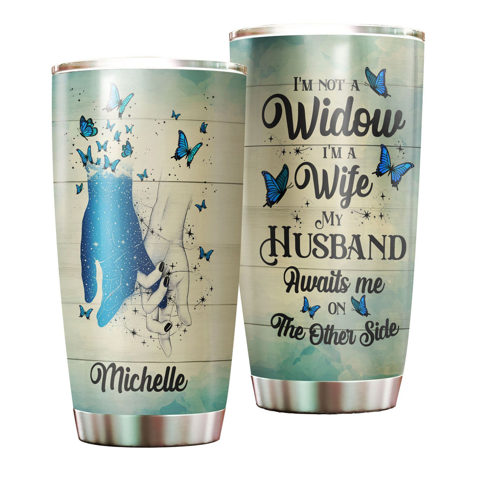 Camellia Personalized Widow Holding Hands My Husband Awaits Me Missing QUotes Stainless Steel Tumbler - Double-Walled Insulation Thermal Cup With Lid Gift For Memorial Day