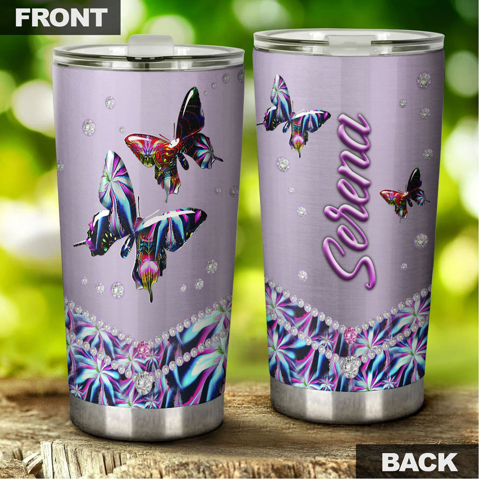 Camellia Personalized 3D Colorful Diamond Butterfly Stainless Steel Tumbler - Customized Double-Walled Insulation Therma Cup With Lid
