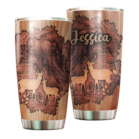 Camellia Personalized Deer Couple Forest Wooden Style Stainless Steel Tumbler - Double-Walled Insulation Travel Thermal Cup With Lid Gift For Valentines Day Couple