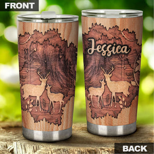 Camellia Personalized Deer Couple Forest Wooden Style Stainless Steel Tumbler - Double-Walled Insulation Travel Thermal Cup With Lid Gift For Valentines Day Couple