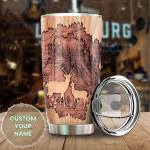 Camellia Personalized Deer Couple Forest Wooden Style Stainless Steel Tumbler - Double-Walled Insulation Travel Thermal Cup With Lid Gift For Valentines Day Couple