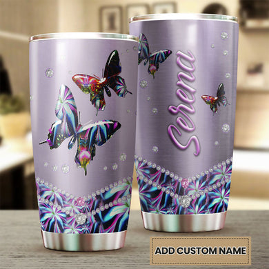 Camellia Personalized 3D Colorful Diamond Butterfly Stainless Steel Tumbler - Customized Double-Walled Insulation Therma Cup With Lid