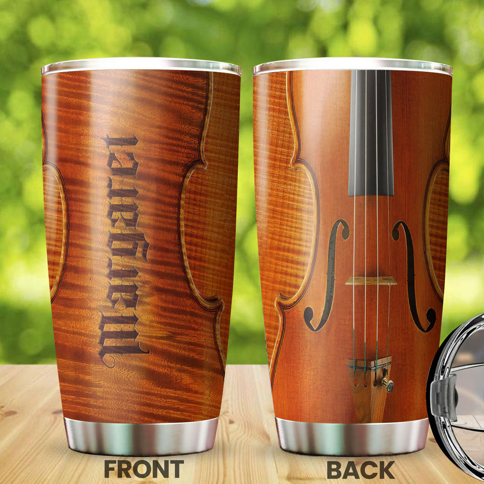 Camellia Personalized Violin String Wooden Style Graphics Stainless Steel Tumbler - Double-Walled Insulation Travel Thermal Cup With Lid Gift For Violinist Guitarist Musician