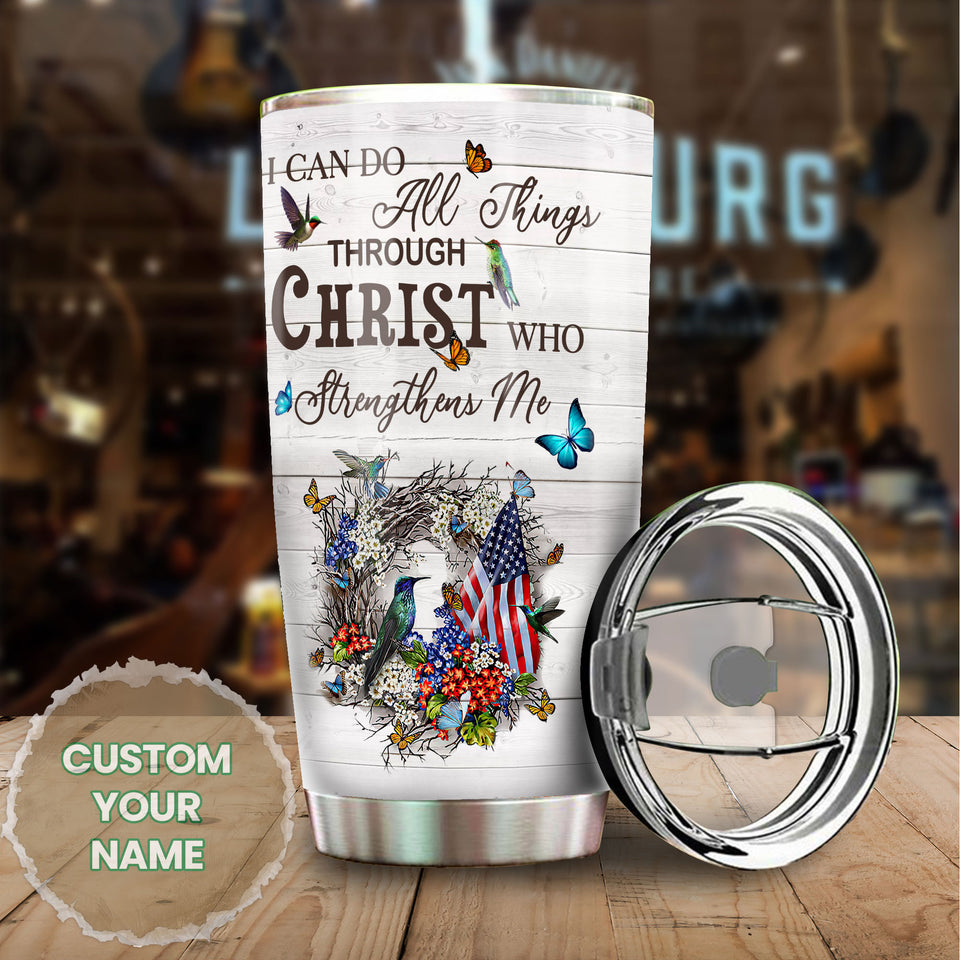 Camellia Personalized I Can Do All Things Christ Strength Me American Stainless Steel Tumbler - Double-Walled Insulation Travel Thermal Cup With Lid Gift For 4th Of July