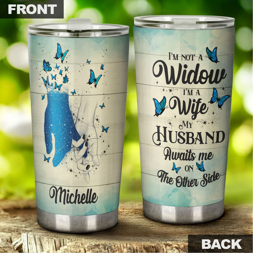 Camellia Personalized Widow Holding Hands My Husband Awaits Me Missing QUotes Stainless Steel Tumbler - Double-Walled Insulation Thermal Cup With Lid Gift For Memorial Day