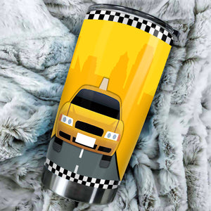 Camellia Personalized American Yellow Taxi Car Graphics Stainless Steel Tumbler - Double-Walled Insulation Travel Thermal Cup With Lid Gift For Taxi Driver Birthday