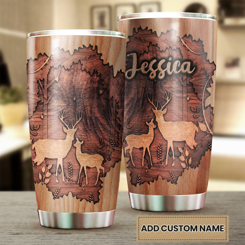 Camellia Personalized Deer Couple Forest Wooden Style Stainless Steel Tumbler - Double-Walled Insulation Travel Thermal Cup With Lid Gift For Valentines Day Couple