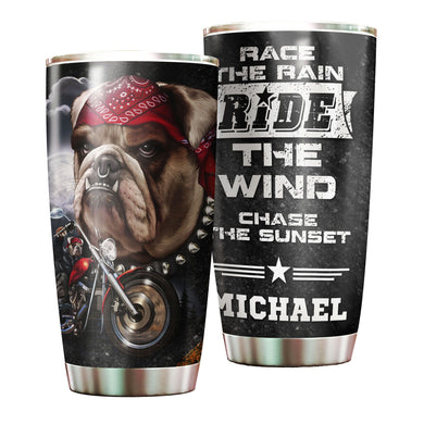 Camellia Personalized Bulldog Biking Race Rain Ride Wind Chase Sunset Metal Style Stainless Steel Tumbler - Double-Walled Insulation Travel Thermal Cup With Lid Gift For Biker