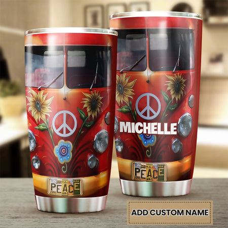 Camellia Personalized Sunflower Hippie Peace Lover Graphics Stainless Steel Tumbler - Double-Walled Insulation Thermal Cup With Lid Gift For Hipster