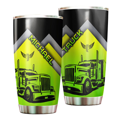 Camellia Personalized Neon Green Truck Graphics Stainless Steel Tumbler - Double-Walled Insulation Travel Thermal Cup With Lid Gift For Trucker Dad Husband Truck Lover