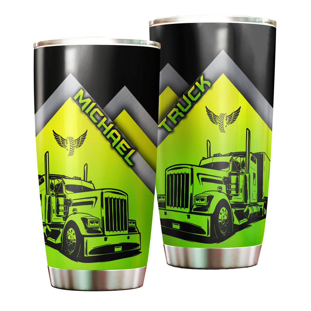Camellia Personalized Neon Green Truck Graphics Stainless Steel Tumbler - Double-Walled Insulation Travel Thermal Cup With Lid Gift For Trucker Dad Husband Truck Lover